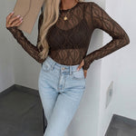 Women's Jacquard Textured Sheer Lace Long Sleeve Top Crewneck Slim Fit Tee with Thumb Holes