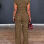 Women's Glitter Textured 2 Piece Outfits V Neck Twist Cap Sleeve Slit Top and High Waist Straight Leg Pants Set