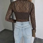 Women's Jacquard Textured Sheer Lace Long Sleeve Top Crewneck Slim Fit Tee with Thumb Holes