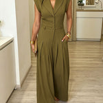 Women's Lapel V Neck Jumpsuit Cap Sleeve High Waisted Wide Leg Overalls Elegant Suit Jumpsuit
