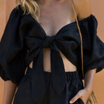 Solid Color Mid-Sleeve V-Neck Tie Front Crop Top and Elastic Shorts Set