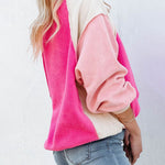 Nadorine Colorblock Bishop Sleeve Sweatshirt Plush Stitching Jumper Crop Top