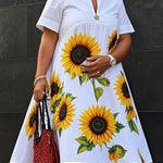 A-Line Loose Flower Print Pleated V-Neck Midi Dresses