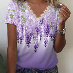 Summer Tee Tops Lace Trim Tunic Short Sleeve V Neck Boho Floral Print Shirts
