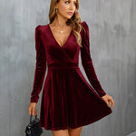 Sexy V Neck Long Sleeve Velvet Mini Dress