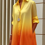 Long Sleeves Loose Buttoned Contrast Color Gradient Lapel Midi Dresses Shirt Dress