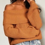Off-The-Shoulder Slim Warm Slim Soft Style Long Sleeve Knitted Pullover