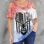 Independence Day Skull Graphic Cold Shoulder T-shirts Daily Loose Short Sleeve V Neck Tee Basic Tops