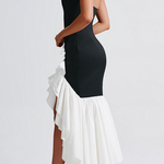 Strapless Bodycon Colorblock Ruffled Fishtail Maxi Dresses-Black