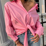 Nadorine Long Sleeve Lapel Cardigan Top Simple Solid Color Loose Fashion Casual Shirt