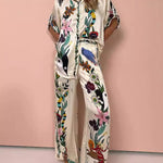 Half Sleeves Loose Buttoned Flower Print Pockets Lapel T-Shirt Top + Drawstring Elasticity Pants Bottom Two Pieces Set