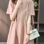 Nadorine Women's Crew Neck Cotton Linen Plain Dress Casual Loose Short Sleeve Sundress with Pockets