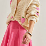 Sweet V-neck beige strawberry decorated cardigan sweater