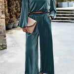 Velvet Long Sleeved Top and Wide Leg Pants Two Piece Set