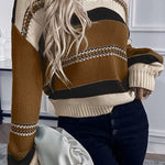 Peach Blossom Striped Pattern Knit V Neck Sweater