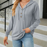 Solid Color Hooded Loose-Fitting Long-Sleeved Sweatshirt with Buttons