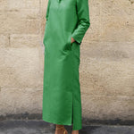 Long Sleeves Loose Solid Color Split-Side Stand Collar Midi Dresses