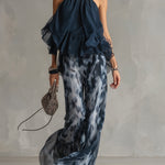Séverine™ | Elegant navy halter neck top with printed wide-leg trousers