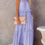 Nadorine Women's Boho Long Solid Color Loose Sleeveless Halter Neck Ruffle Maxi Dresses