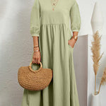 Lantern Sleeve Long Dress Solid Color Loose Crew Neck Mid Waist Dresses with Pockets