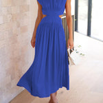 Cap Sleeve Belly-Hollow Pleated Solid Color Stand Collar Maxi Dresses