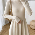 Long-Sleeve High Neck Plain Ribbed Midi A-Line Knit Dress