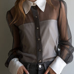 Retro Black Sheer Organza Contrast-Collar Blouse