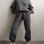 Nadorine Casual Solid Color Long Sleeve Hooded Sports Suit Hoodie Sweatshirt Two Piece Set