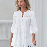 Nadorine Lace Crochet V Neck Half Sleeve Embroidery Button Down Blouses Casual Shirts