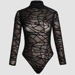 Long Sleeved Casual Mesh Mesh Top See Through Round Neck Slim Fit Bodysuits