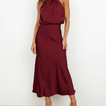 Long Formal Satin Dress Mock Neck High Neck Evening Dress