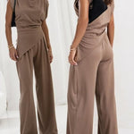 Jordy Ruched Shoulder Slit Top and Elastic Waist Pocketed Wide Leg Pants Set
