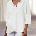 Nadorine Lapel Neck Loose Fit V-Neck Tops Summer Casual 3/4 Sleeve Asymmetrical Hem Blouse