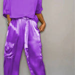 Satin Gloss Drawstring Waist-Defining Wide-Leg Workwear Set