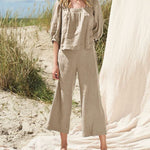 Solid Color Mid Sleeve Shirt & Cropped Pants Two Piece Set