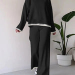 Nadorine Casual Two Piece Set Contrast Color Sweater Top & Wide Leg Pants