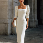 Square Neck Puff Sleeve Tailored Midi Dress