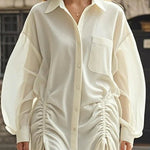 Long Sleeves Loose Buttoned Drawstring Pleated Pockets Solid Color Lapel Midi Dresses Shirt Dress