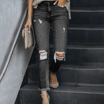 Ripped Stretch Skinny Jeans Mid Waist Distressed Denim Pants