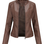 Stand Up Collar Solid Faux Leather Jacket