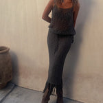 Hollow Suspenders Sleeveless Top Drawstring Tassel Hem Skirt Two-piece Set