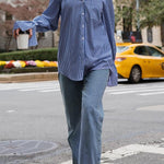 Striped Print Ruffled Long Sleeve Pockets Loose Shirt