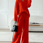 4Pcs Outfits Black Sets+Orange Sets Simple V-Neck Tops + Casual Wide Leg Pants
