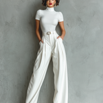 Women's White Stretch Knit Fabric Turtleneck Top & High-Waisted Wide-Leg Pants Set