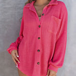 Nadorine Waffle Knit Button Down Shirt Long Sleeve Loose Solid Color Tops