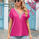 Short Sleeve V Neck Blouse Top Lace Trim Casual Summer Tee Shirt