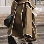 Women's Thickened Loose Woolen Coat with Fringed Scarf