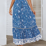 Nadorine Women's Bohemian Floral Skirt Elastic High Waist A- Line Tiered Flowy Beach Maxi Skirt
