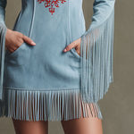 Western Retro Red Embroidered Blue Faux Suede Long-Sleeved Tassel Mini Dress