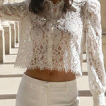 French-style lace openwork collared puff sleeve short shirt